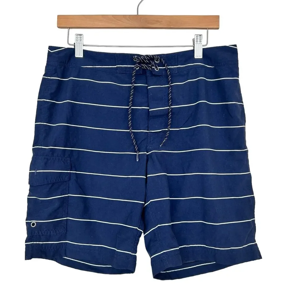 J Crew Navy Blue Striped Bathing Suit Swim Trunks Sz 32